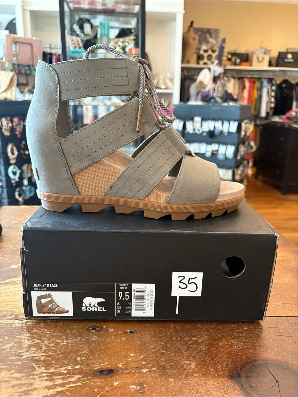 Sorel Women's Joanie II Lace Sandal in Gray with Tan Sole